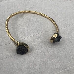 Gold Cable Cuff Bracelet with Black Druzy Stone Ends